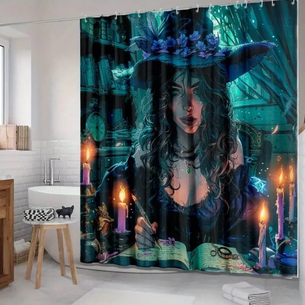 Exquisite Witch Shower Curtain Waterproof Fabric with‎ 12 White Plastic Hooks